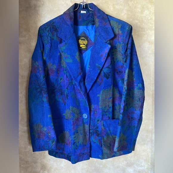 Fox Run Jackets & Blazers - Fox Run Vintage Vibrant Blue Corduroy Floral Sport Coat Blazer 80s Size 15/16